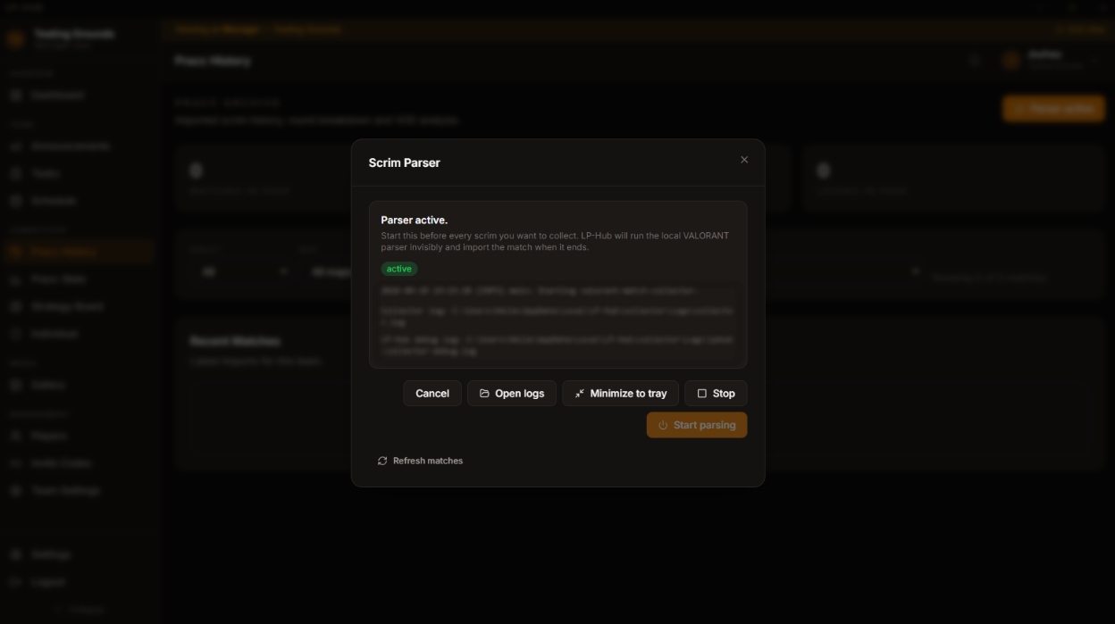 Scrim Parser modal mockup